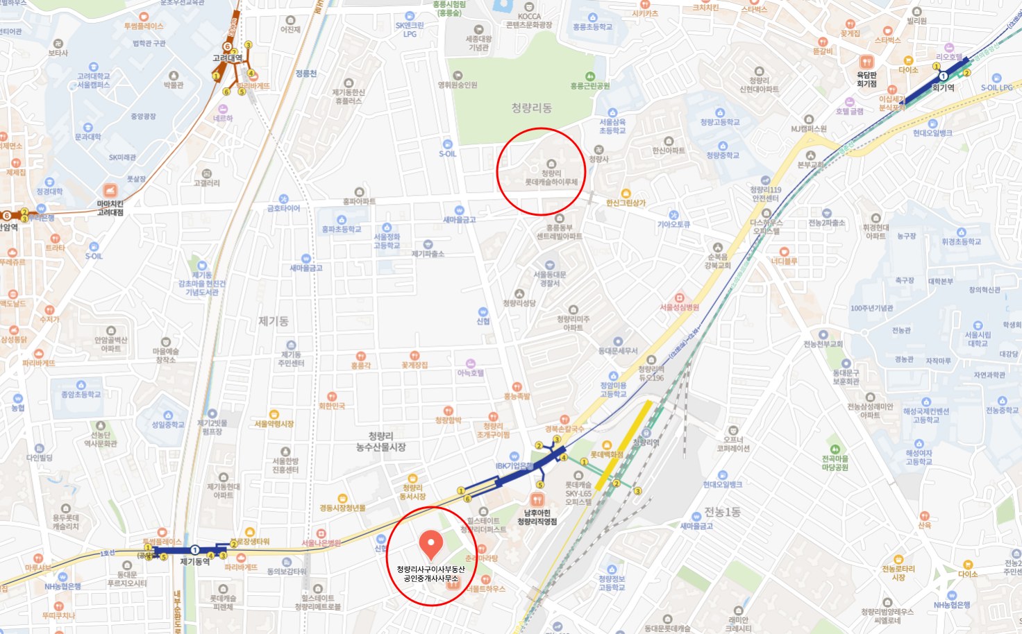 청량리 롯데캐슬 하이루체에서 청량리 사구이사 부동산 공인중개사사무소까지의 거리를 보여주는 지도